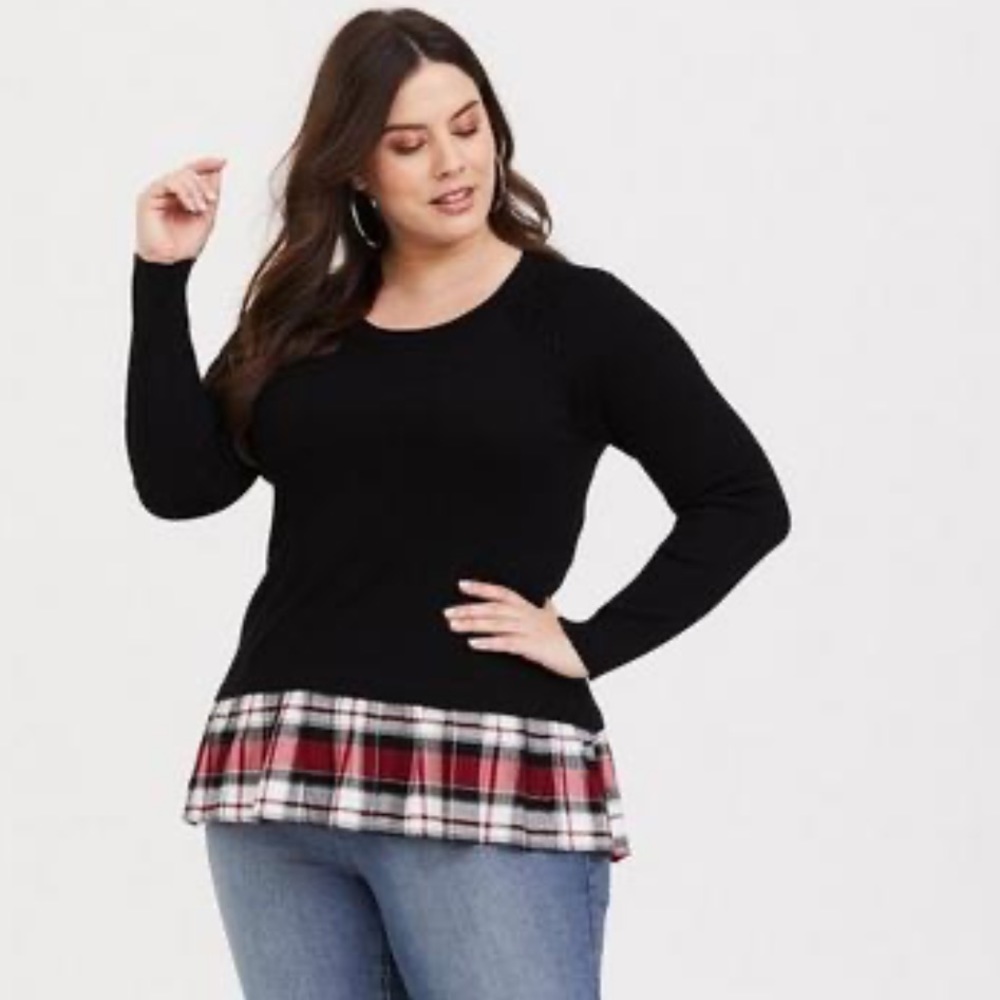 Torrid‎ Plus Size 1X Black Red Plaid Trim Ribbed Pullover Sweater Punk Gothic